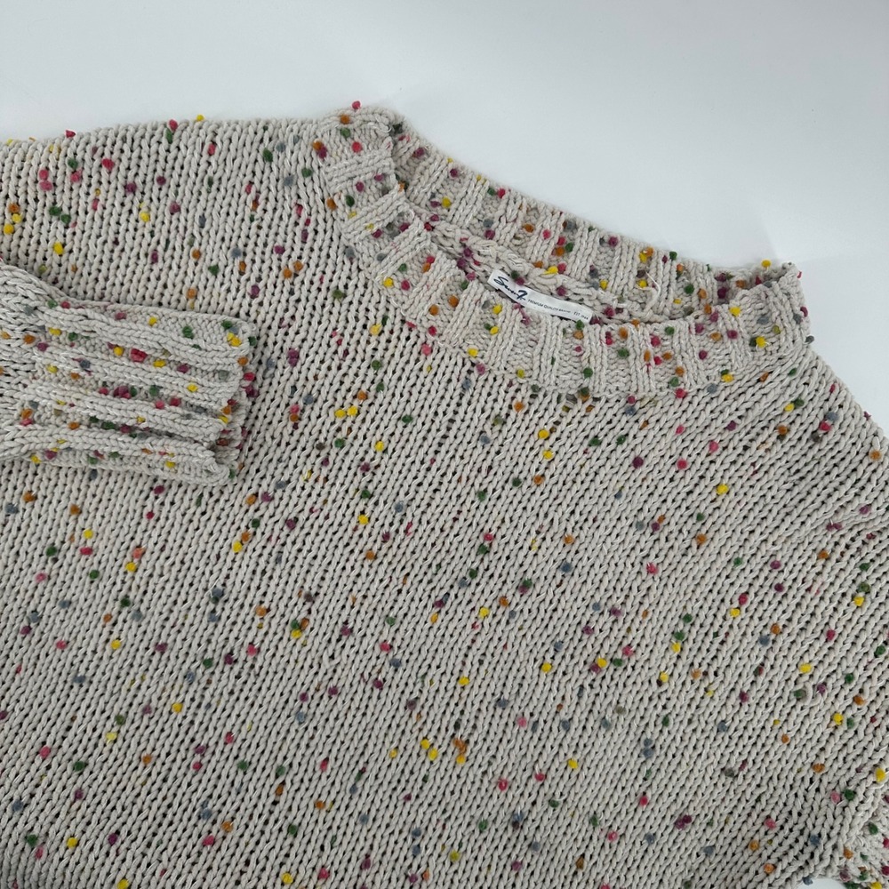 Seven 7 Women's Medium‎ Confetti Knit Sweater Round Long Sleeve Beige Multicolor